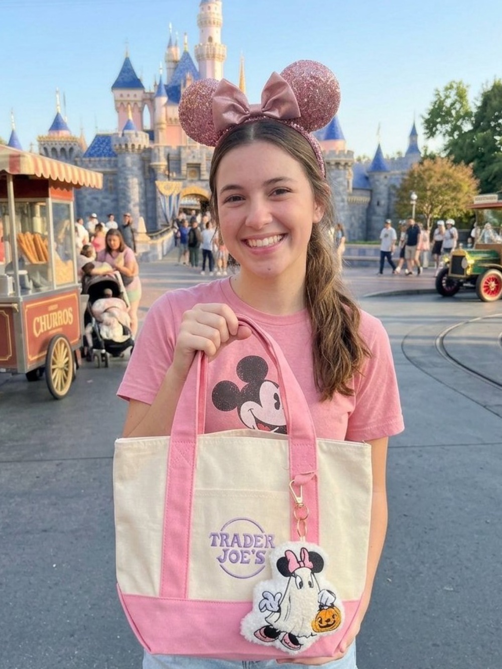 Trader joe’s Mini Tote bag + Minnie Mouse plush key chain